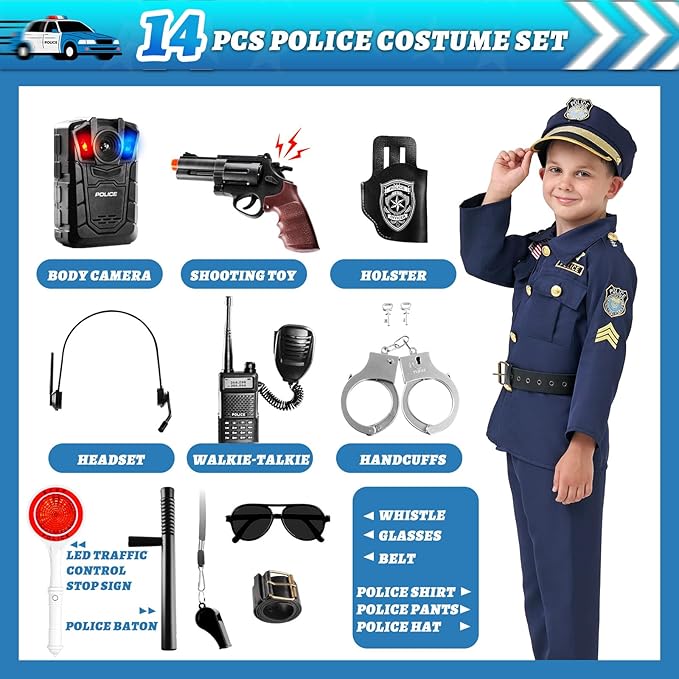 MGparty Police Officer Costume for Kids Halloween Police Cosplay Accessories for Boys Halloween Dress Up Party