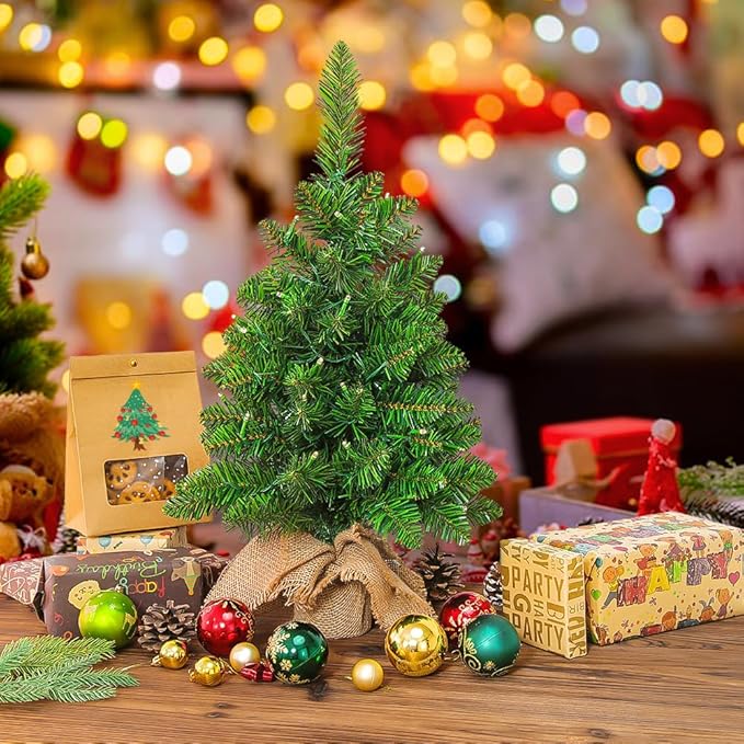 Small Christmas Tree with Lights,2ft Pre Lit Artificial Mini Xmas Tree for Tabletop,Outdoor,Bedroom,Office Decorations,Includes 50 Led Warm Lights,73 PVC Branch Tips,Green（Battery Operated）