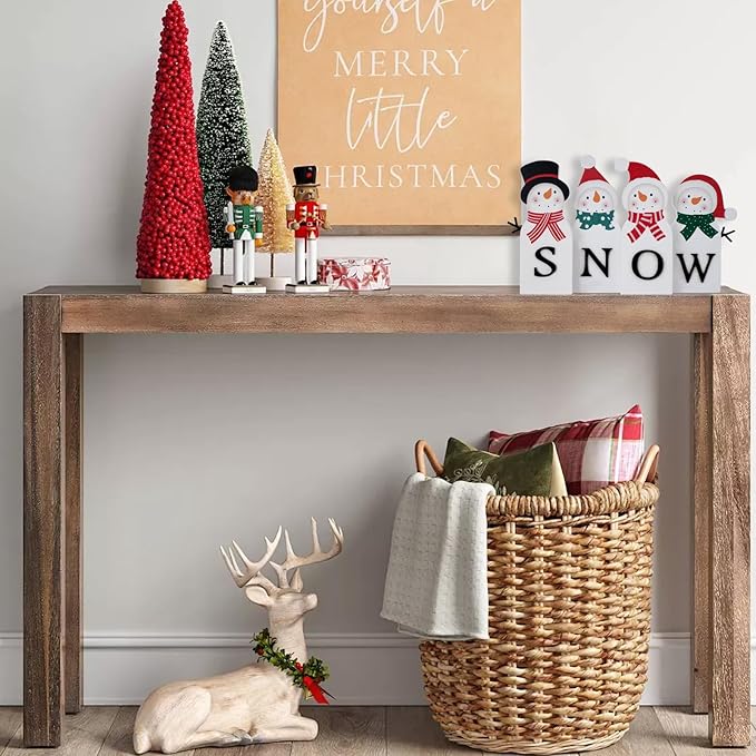 Christmas Decorations for Home Farmhouse Snowman Decor Indoor Wooden Merry Christmas Sign Rustic Holiday Tabletop Block Xmas Party Gift