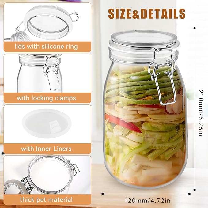 2 Pcs PET Plastic Storage Jar with Clamp Lid Empty Food Storage Container Bottle Large Refillable Canister For Nuts Sugar Coffee Candy Cookie Tea Spices And More (clear, 1650ml/55oz)