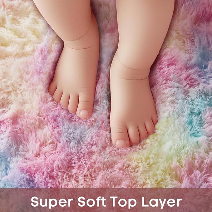 Ophanie Round Rug 6Ft Rainbow Circle Area Rug, Cute Room Decor for Teen Girls, Fluffy Fuzzy Bedroom Carpet, Plush Soft Shaggy Living Room Rugs for Kids Home Decor Aesthetic, Nursery