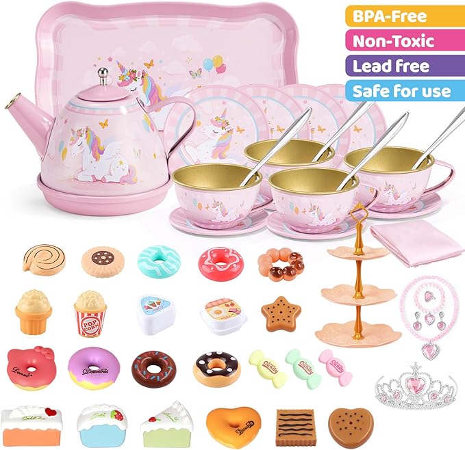 Tea Party Set for Little Girls, 49PCS Princess Tea Time Toys Including Teaset Dessert Carrying Case, Kids Pretend Play Kitchen Toys, Toddler Girl Birthday Gifts for 3-8 Year Old, Dream