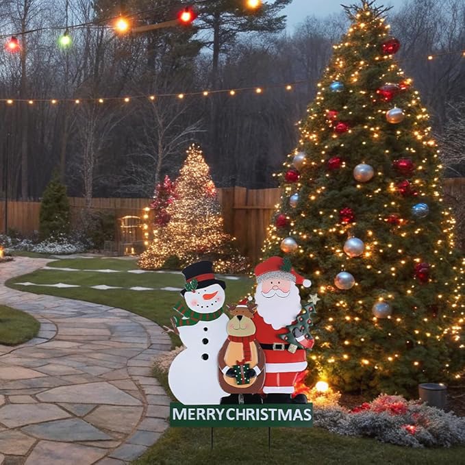 YEAHOME Outdoor Christmas Decorations, 3 Metal Snowman Santa Claus Deer Decorative Garden Stakes for Christmas Outdoor Yard, Xmas Signs for Home Outside Yard Lawn Porch Pathway Xmas Decor