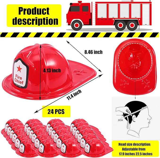 24 PCS Firefighter Hats for Kids,Kids Firefighter Helmet Fire Chief Helmet,Plastic Fireman Hat,Red Children’s Fireman Helmet,Firefighter Hat Costume Dress Up Accessory
