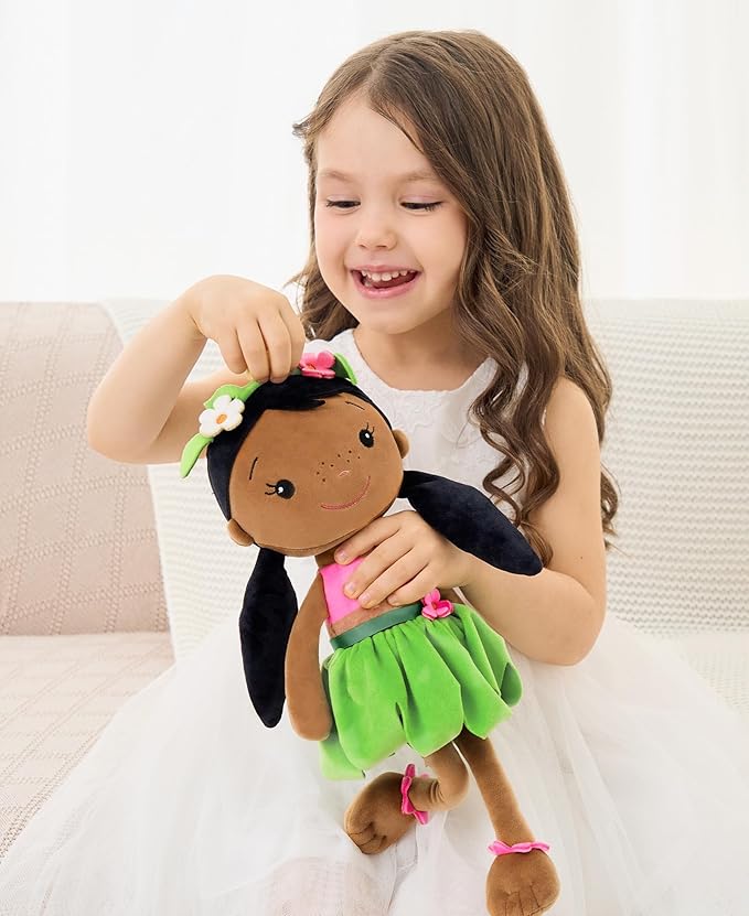 Soft Baby Doll Toys (16'') for Girls, My First Baby Rag Dolls for 1 Year Old Girl Birthday Gift Plush Doll Toys Machine Washable Baby Doll for Toddler Kids Infants - Black Baby Girl
