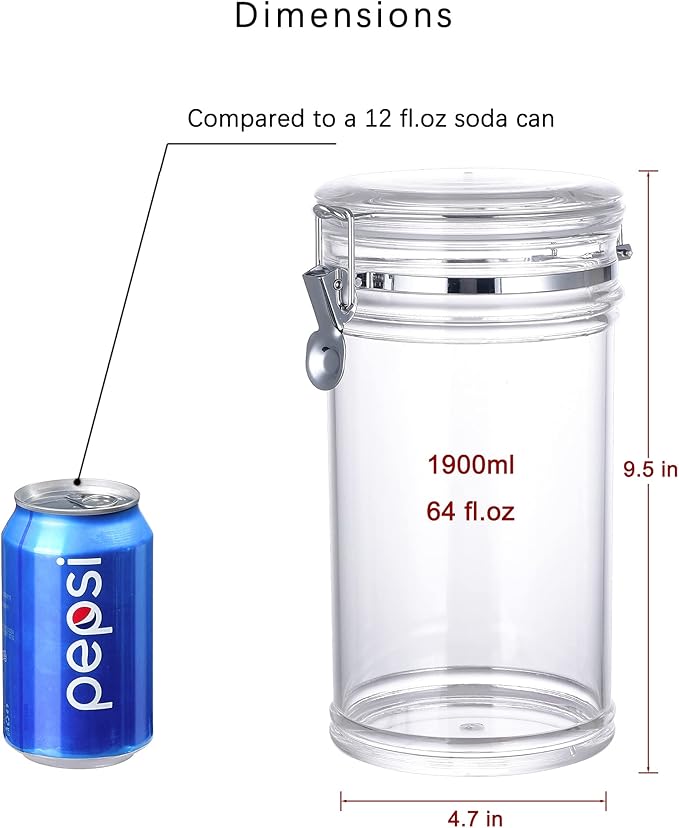 64 oz Reinforced Large Acrylic Canister with Locking Clamp, Airtight Flip Jar | Food Storage Container for Flour, Sugar, Coffee, Candy, Cookie etc