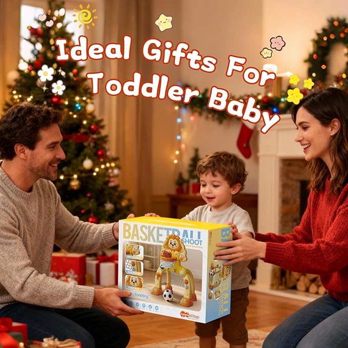Toddler Basketball Hoop Soccer Goal for Kids 1-3, Baby Toys for 1 Year Old Boy Gifts, Kids Sports Toy with Light Sound Music, Baby Interactive Toys for Christmas Birthday Gifts for Baby(Lion)