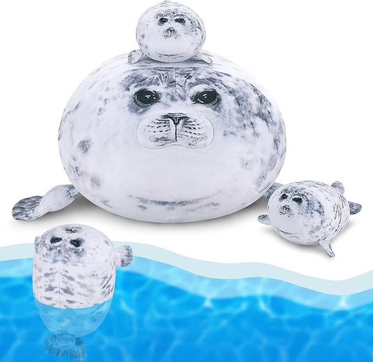 Achwishap 4pcs Seal Plush Pillow,Seal Stuffed Animal Mommy with 3 Seal Baby Plush Toy,Cute Plushie Seal Hugging Pillow Cuddle Plushie for Kids Girls Boys Gifts(Seal Family,19.6”,Gray)