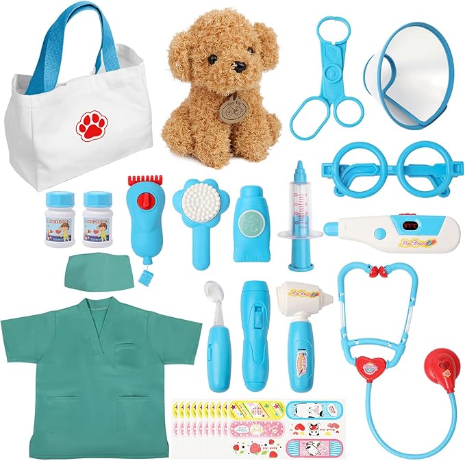 Liberry Doctor Kit for Toddlers 3 4 5 6 Years Old, 28 Pcs Kids Doctor Playset with Dog Toy, Stethoscope and Dress Up Costume, Pretend Play Medical Gift for Boys Girls (Blue)