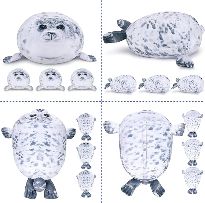Achwishap 4pcs Seal Plush Pillow,Seal Stuffed Animal Mommy with 3 Seal Baby Plush Toy,Cute Plushie Seal Hugging Pillow Cuddle Plushie for Kids Girls Boys Gifts(Seal Family,19.6”,Gray)