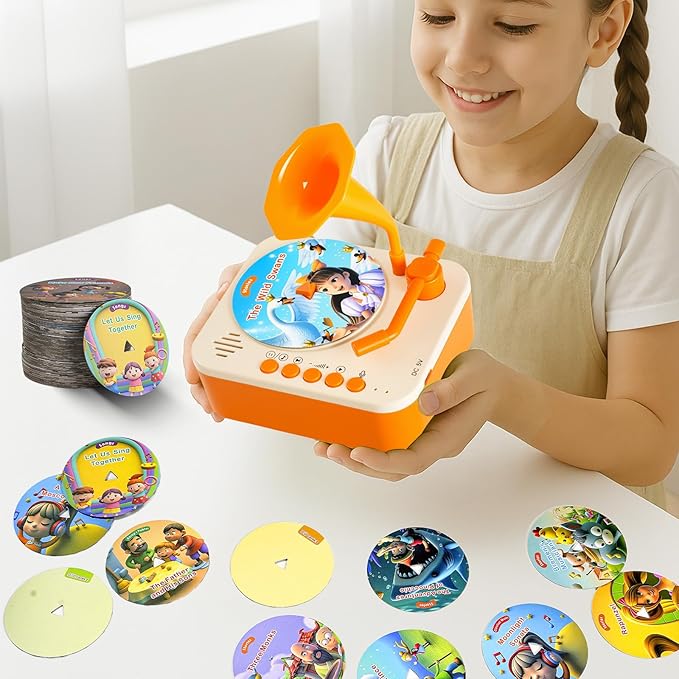 Kids Phonograph Toddler Record Player， with 96 Learning Cards, Early Education Machine Record Player Music Box Storyteller pop Speakers, Gift for Boys and Girls