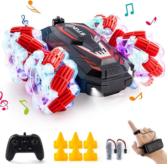 RC Stunt Car, Double-Sided 360° Flips, 4WD 2.4 GHz Gesture Sensing RC Cars with Cool Lights and Music, for Boys Aged 6-12, Great Birthday Presents, Toy Cars (Red)