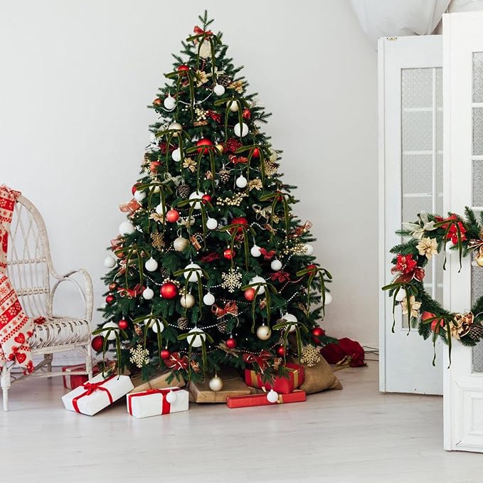 Velvet Bows for Christmas Tree, Vintage Velvet Ribbon Christmas Tree Bows with 50pcs Adhesive Dots 49ft Metal Tie, Ribbon Bows for Wreaths, Indoor Mantel, Gift Wrapping Decor - OliveGreen