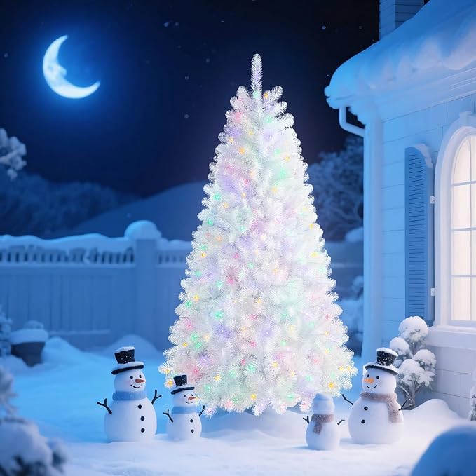 SHareconn 7.5ft Prelit Premium Artificial Classic Spruce Christmas Tree, 370 Warm White & Color LED Changing Lights, 1170 Branch Tips, Perfect Choice for Xmas Decoration,7.5 FT, White