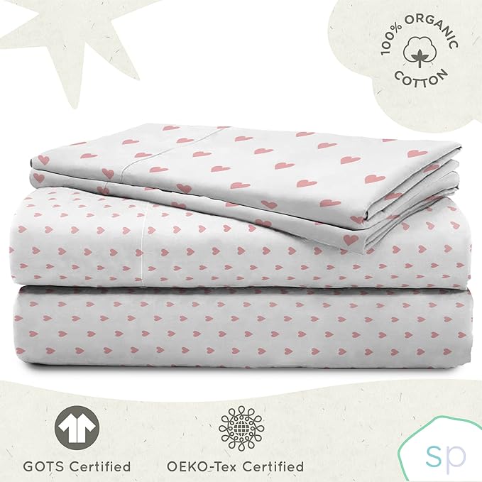 Saturday Park Pink Hearts Full Sheet Set - 4 Piece 100% Organic Cotton Sheets - GOTS & Oeko-TEX Certified