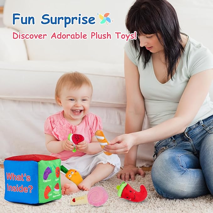 Baby Mystery Soft Box Toys, Plush Felt Box with 12 Toys, Sound Learning Set, What's Inside Montessori Cognitive Play for Toddlers 6 Months+, Birthday Gifts for Boys Girls
