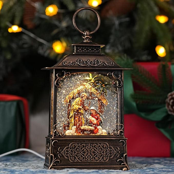 Nativity Scene Snow Globe, Light Up Christmas Snow Globes with Music Timer - USB Plug or Battery Operated Glitter Globe Indoor Christmas Decorations