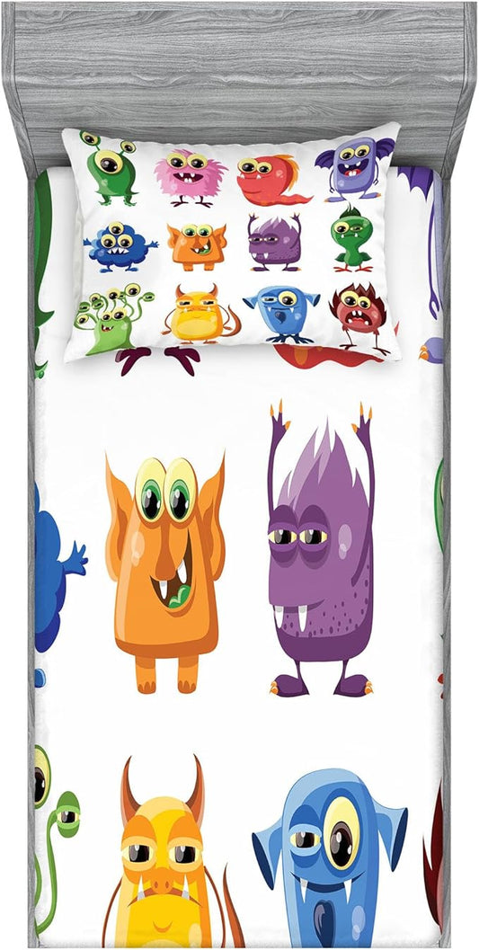 Ambesonne Funny Fitted Sheet & Pillow Sham Set, Animated Bacteria Aliens Theme Germ Whimsical Cartoon Monsters Humor Faces Graphic, Decorative and Printed 2 Piece Bedding Set, Twin, Purple Green