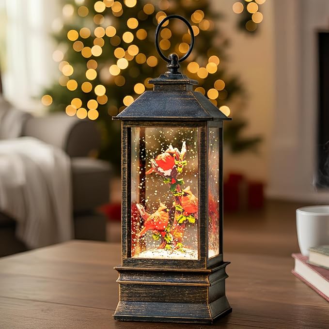 10" Snow Globe Lights, Shimmering Music Box, USB and Battery Powered Christmas Decorations Gift (Three Cardinals)