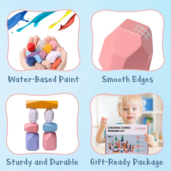 48 PCS Wooden Stacking Rocks Stones Building Blocks, Montessori Toys for 3+ Year Old Preschool Learning Activities Balancing Stacking Game, Birthday Gifts for 3 4 5 6 Year Old Girls Boys Kids