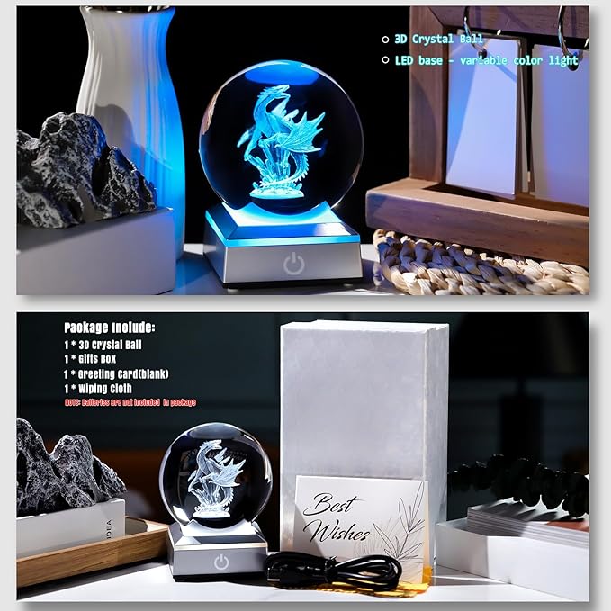 3D Dragon Crystal Sphere Gifts for Women Men Kids with Colorful LED Light Base 3.15 inch, Dragon Night Light for Boy Girl Xmas Cool Dragon Figurines Home Decor