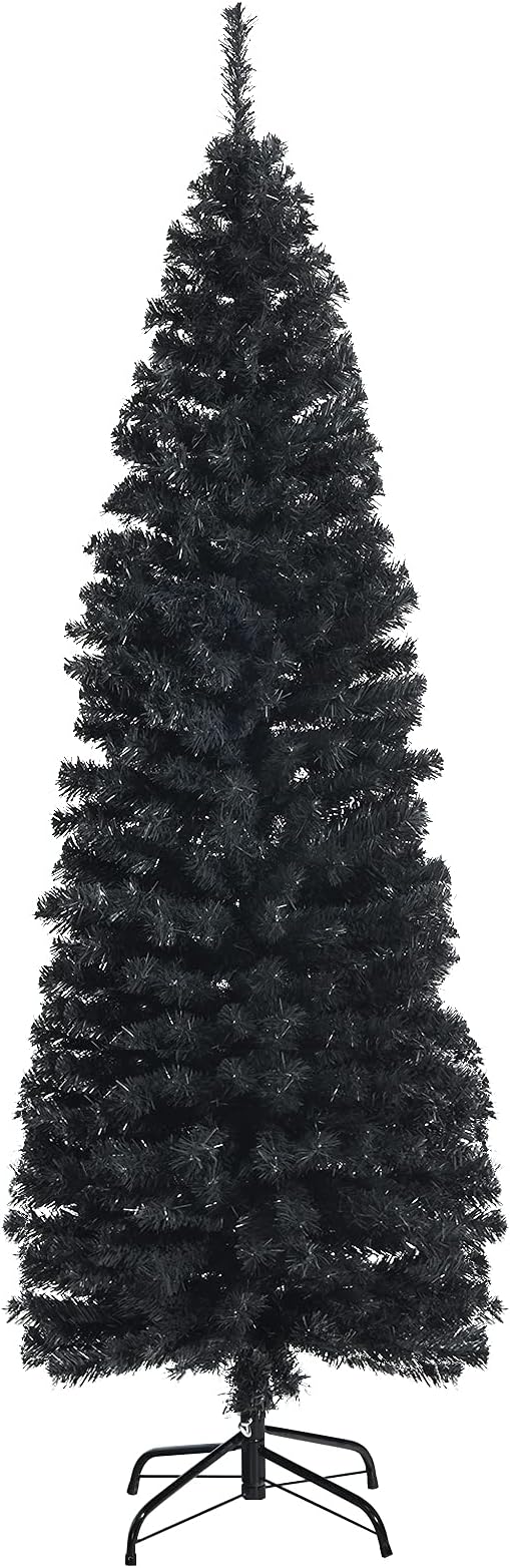 HAPPYGRILL 6 Feet Black Pencil Christmas Tree, Artificial Skinny Xmas Tree with Metal Stand, Realistic Unlit Pine Tree with 520 Branch Tips for Indoor Outdoor