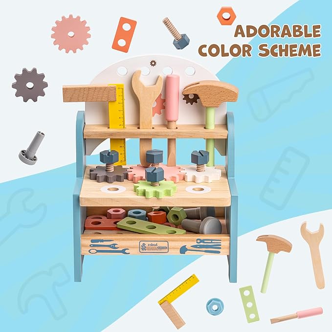 ROBUD Mini Wooden Play Tool Workbench Set for Kids Toddlers - Montessori Toys for 3 4 5 Years Old Boys Girls
