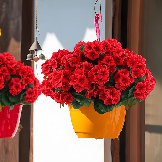 Hananona 2 Set Artificial Outdoor Geraniums Flowers with Hanging Basket, 2 Hanging Planters with 12 Pcs Red Geranium Flowers for Christmas Front Porch Garden Patio Home Decor (2, Red)