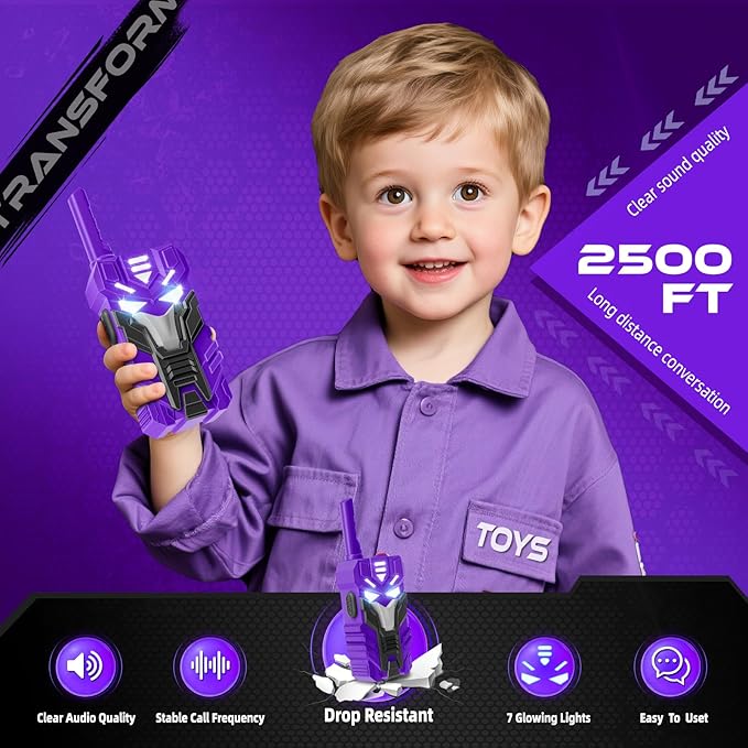 Purple Doomlord Walkie Talkies for Kids 2 Pack Transform Robot - 2500 FT Range, Cool Eyes Lighting, Birthday Gifts for 3-12 Year Olds, Outdoor Camping Toys for Toddlers & Boys Girls