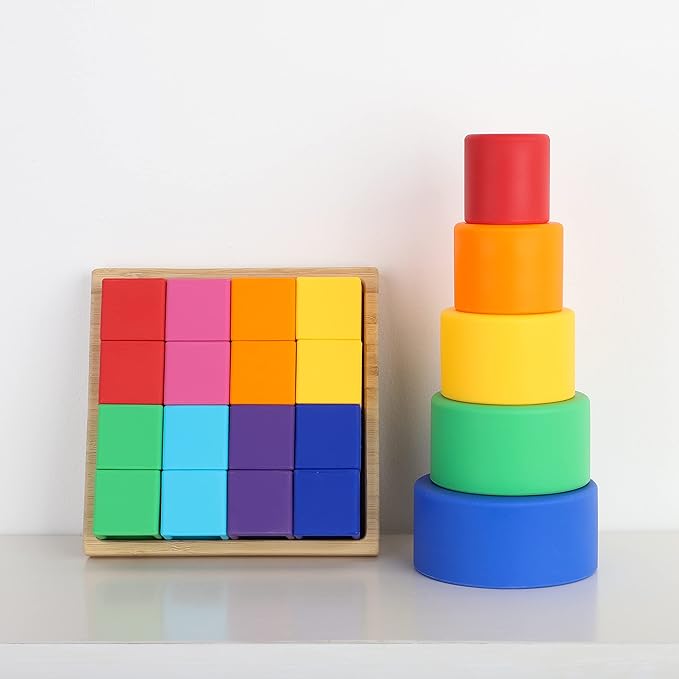 BLUE GINKGO Silicone Rainbow Blocks – [16 PC] Giftable Soft Blocks for Kids, BPA-Free Montessori Stacking Toy with Sorting Tray (Vibrant)