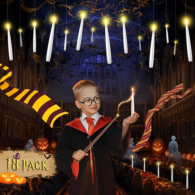 Floating Candles with Wand - Halloween Decorations Magic Flameless Candles Flickering Warm Light LED Hanging Candle Remote, Battery Operated Candles for Christmas Outdoor Indoor Party Decor