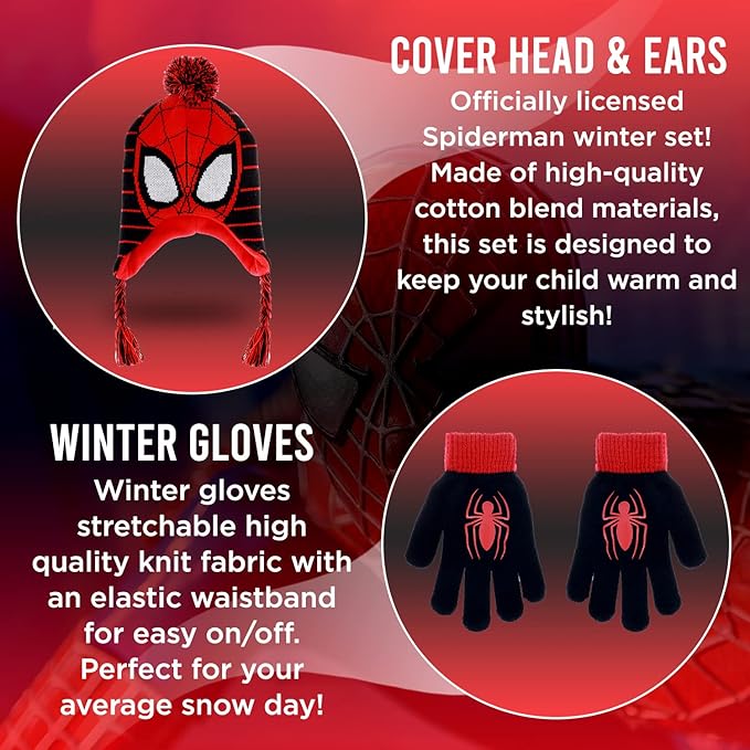 Marvel Spider-Man Kid’s Winter Hat and Snow Gloves for Boys and Toddlers, 2 Pc. Set, Pom-Pom Beanie with Warm Mittens