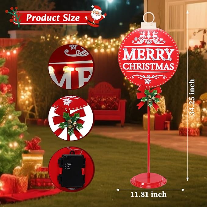 Merry Christmas Sign with LED Light Battery Operated with Timer Christmas Signs with Base Xmas Holiday Decorations Patio Lawn Yard Outdoor Display Decor Round