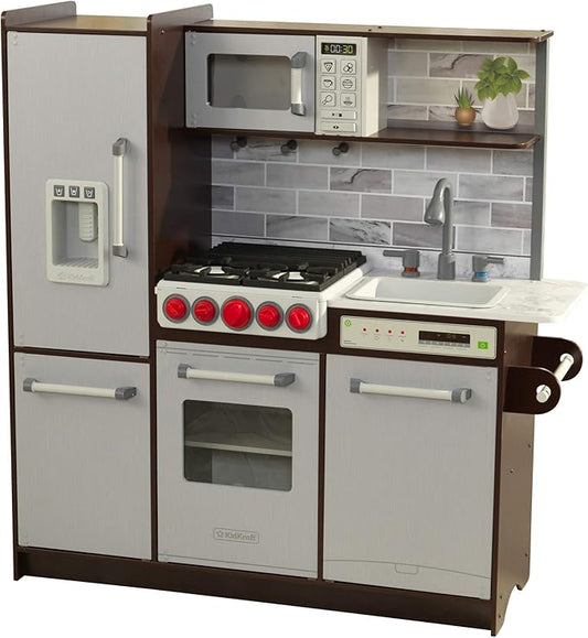 KidKraft Uptown Elite Espresso Play Kitchen with EZ Kraft Assembly™, Lights and Sounds, Working Ice Maker and Click and Turn Knobs, Gift for Ages 3+