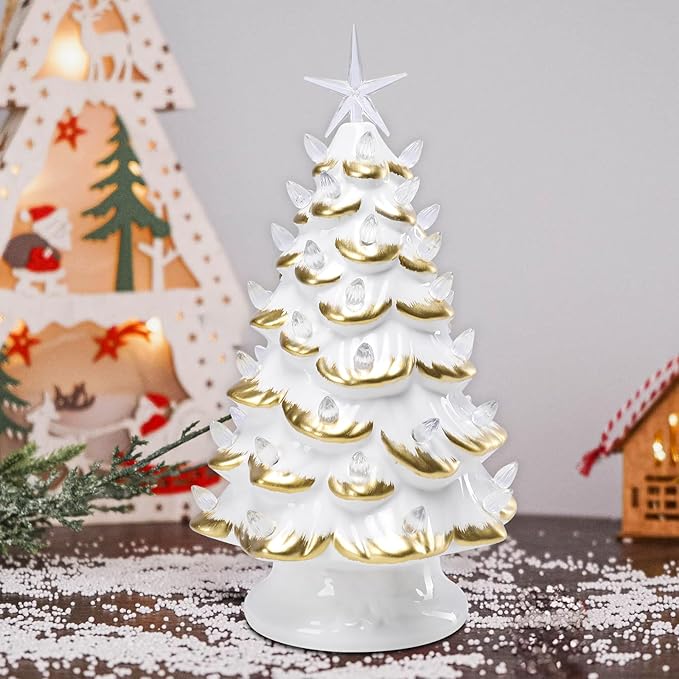Small Ceramic Christmas Tree Hand-Painted Vintage Tabletop Christmas Tree White Golden Holiday Decoration with Multi-Color Lights 11 inch