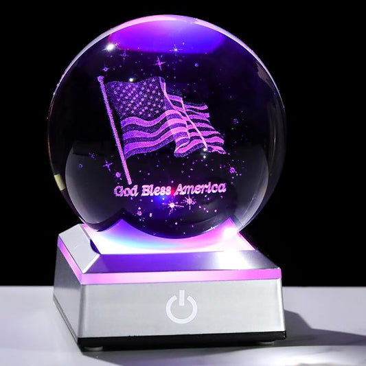 Ornalrist 3D Crystal Ball Engraved American Flag Gifts for Men, Women, Him Father - Crystal Ball Engraved USA Flag & God Bless America Text 3.15in with Colorful LED Light Base Home Decor