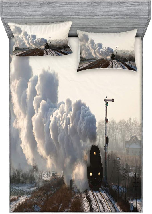Ambesonne Steam Engine Fitted Sheet & Pillow Sham Set, Train on Rails Winter Snow Landscape Steel Industrial Theme Rural Town Print, Decorative Printed 3 Piece Bedding Decor Set, Calking, Dimgrey