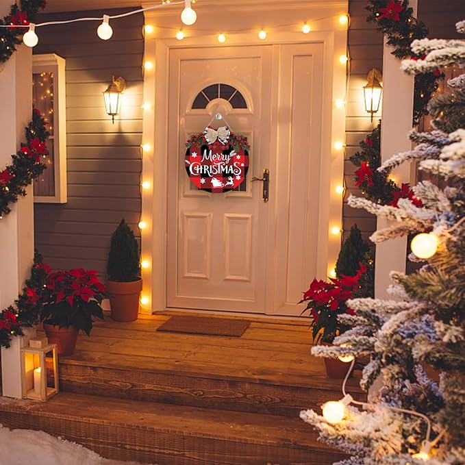 Merry Christmas Decorations Wreath, Merry Christmas Sign Front for Door Decoration, Rustic Wooden Holiday Decor for Front Door Porch Window Wall Farmhouse Indoor Outdoor Decorations