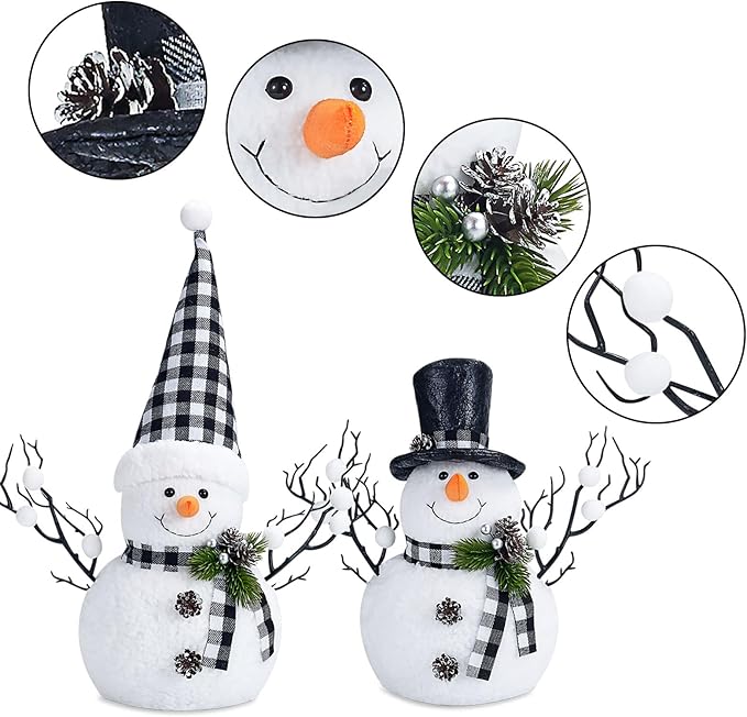 2 Pack Black and White Christmas Decor, 14" Lighted Snowmen Tree Buffalo Check Plaid Farmhouse Decorations, Table Centerpieces Rustic Gifts Tiered Tray Decor with for Christmas Party