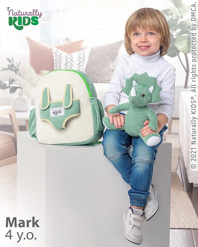 Naturally KIDS Green Dinosaur Backpack for Boys 4-5, Triceratops Dinosaur Gifts for 4-5 Year Old Boys, Girls, Toddler Backpack