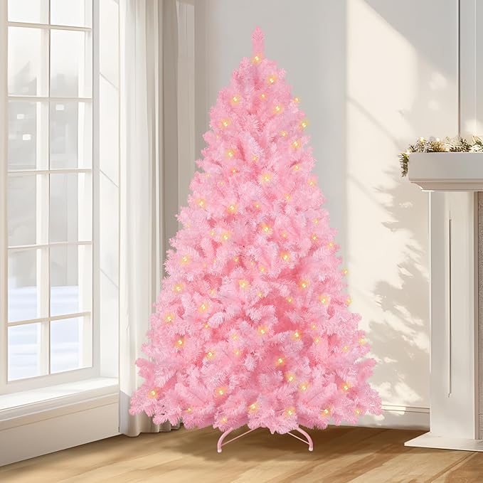 Annecy 6ft Pre-Lit Christmas Tree, Pink Artificial Full Spruce Christmas Tree for Home, Office, Party Decoration w/ 970 Branch Tips, 250 Warm White & Multi-Color Lights, Metal Hinges & Base, Pink 6ft