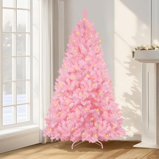 Annecy 6ft Pre-Lit Christmas Tree, Pink Artificial Full Spruce Christmas Tree for Home, Office, Party Decoration w/ 970 Branch Tips, 250 Warm White & Multi-Color Lights, Metal Hinges & Base, Pink 6ft