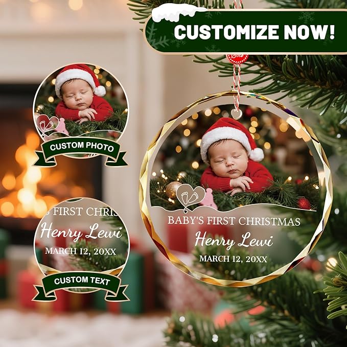 ALBK Custom Baby's First Glass Christmas Ornament 2025 - Personalized Baby Photo Ornament for Christmas Tree, Newborn Birth States Boy Girl Keepsake