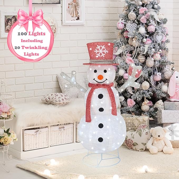 Outdoor Snowman Lighted, Pop-Up Snowman Outdoor Yard Christmas Decorations Prelit 100 Lights, Collapsible Lighted Snowmen Wear Scarf and Hold Light Up Gift Box for Home Pink Christmas Décor-Pink