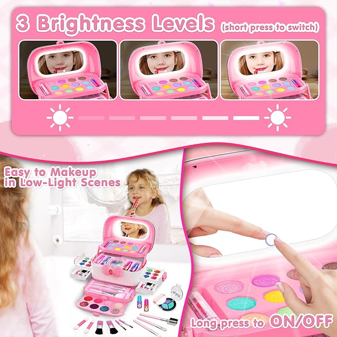 58Pcs Kids Makeup Kit for Girl - Real Washable Cosmetic Set with Light Up Mirror - Kids Makeup Sets for Girls -Play Make Up Birthday for Age 3 4 5 6 7 8 9 10 11 12 Years Old Kid -Pink