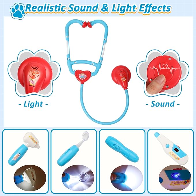 Liberry Doctor Kit for Toddlers 3 4 5 6 Years Old, 28 Pcs Kids Doctor Playset with Dog Toy, Stethoscope and Dress Up Costume, Pretend Play Medical Gift for Boys Girls (Blue)