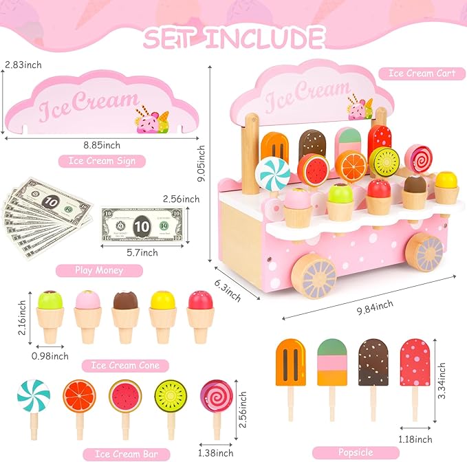 Wooden Play Toys for Toddler Girls 3-5 - Ice Cream Truck Cart Pretend Toys for Kids Ages 2-4, Montessori Toys Kitchen Popsicles Play Store Birthday Gifts for Girls Boys Toddlers 3 4 5 6 Year Old