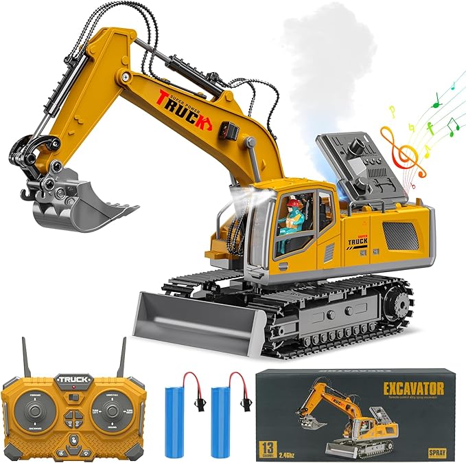 Remote Control Excavator Toys for Ages 6-12 Boys, 13 Channel RC Excavator Construction Toys with Metal Shovel, Spray, Lighting, Sounds, Birthday Gifts for Kids 5-7 8 9 10 11 Year Old