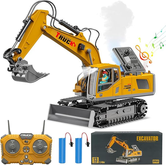 Remote Control Excavator Toys for Ages 6-12 Boys, 13 Channel RC Excavator Construction Toys with Metal Shovel, Spray, Lighting, Sounds, Birthday Gifts for Kids 5-7 8 9 10 11 Year Old