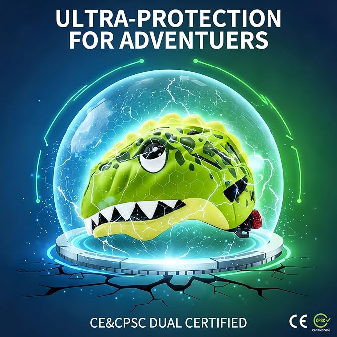 KINGBIKE Toddler Helmet 2-3-5-8 Years Kids Balance Bike Helmets Size Adjustable 3D Dinosaur with Led Light for Skateboard Scooter Cycling Skaterolling